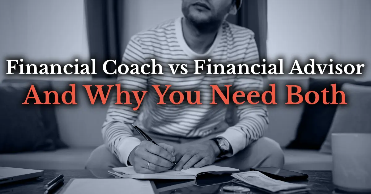 Man sitting at desk looking at financial objects on surface pondering financial coach vs financial advisor